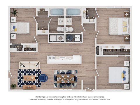 Floor plan for 3 beds, 2 baths, 1185 sqft